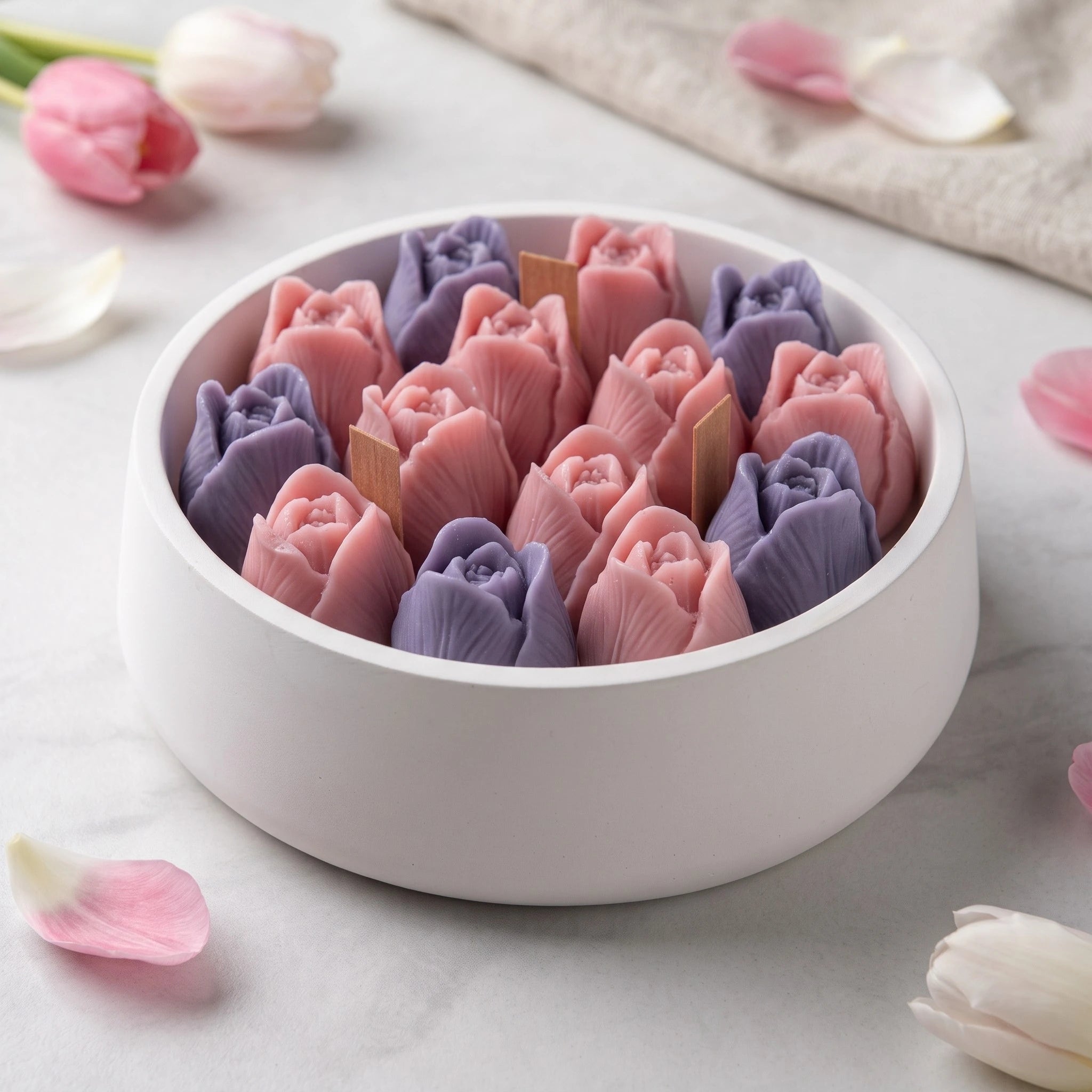 House of Wick Tulip Bloom candle with pink and purple wax tulips in a smooth round bowl