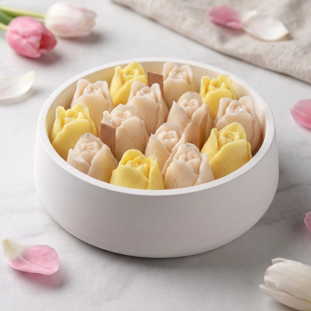 Tulip Bloom candle by House of Wick — yellow and cream hand-sculpted tulips in a smooth round eco resin bowl