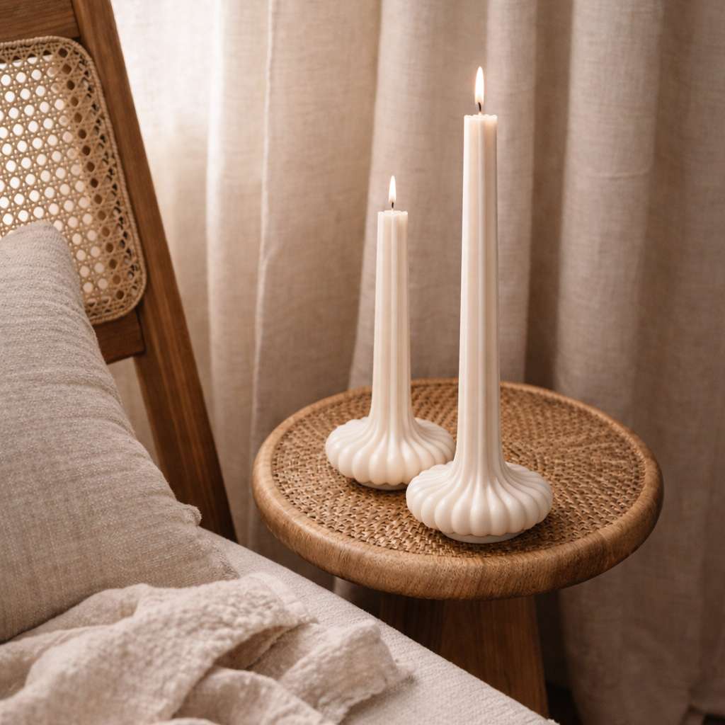 Unscented vase pillar candles styled on a woven stool beside a chair creating warm minimalist living room decor.