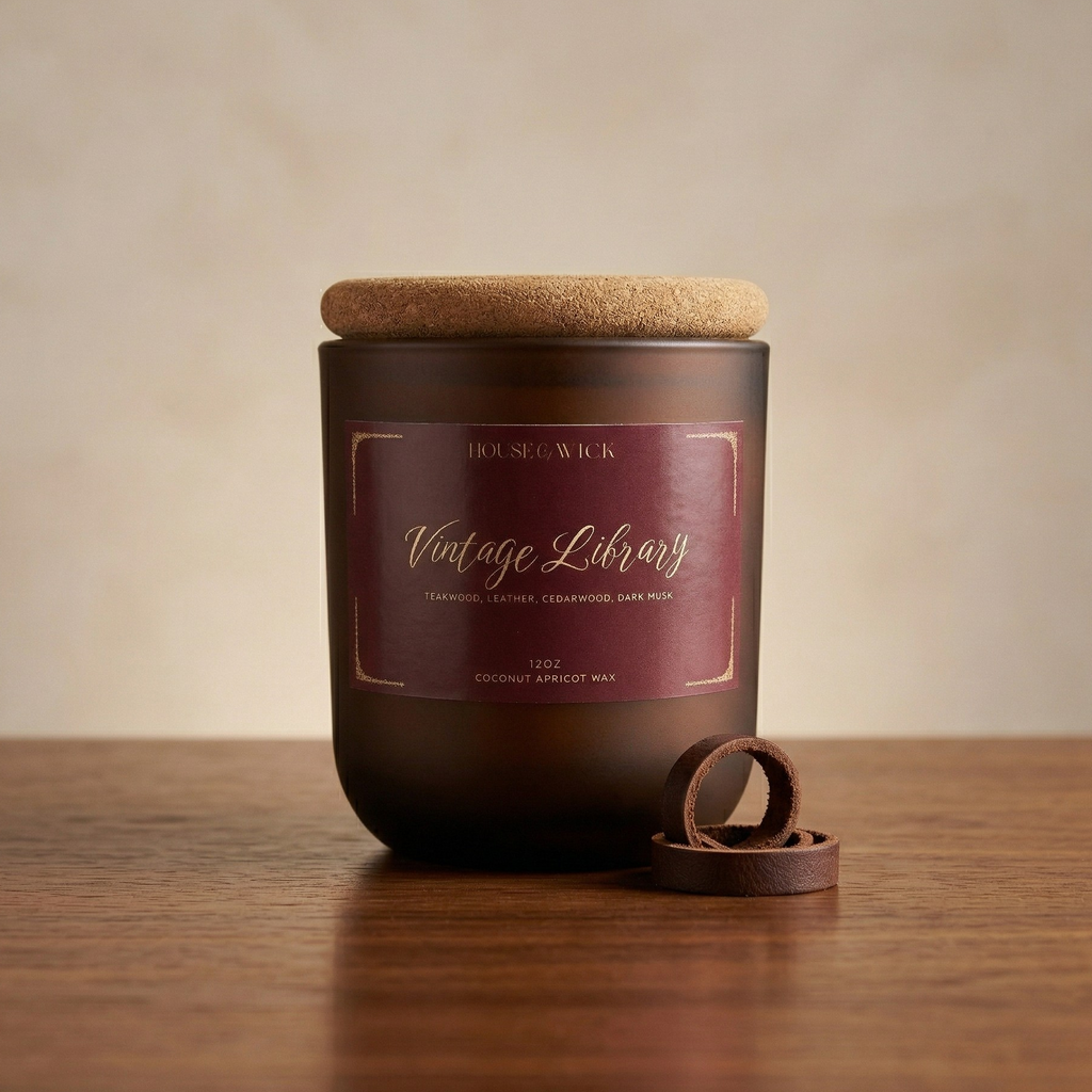 Front view of the House of Wick Vintage Library 12 oz candle featuring a burgundy label with teakwood, leather, cedarwood, and dark musk notes, sitting on a wooden surface next to rolled leather strips.