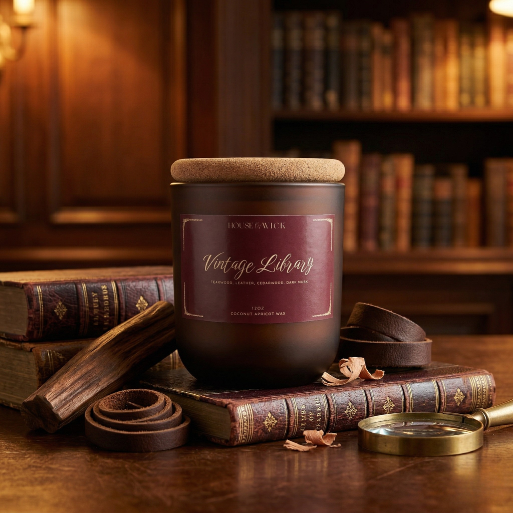House of Wick Vintage Library 12 oz candle in a dark frosted glass jar with a cork lid, styled on top of antique books alongside cedarwood sticks, leather strips, and a brass magnifying glass.