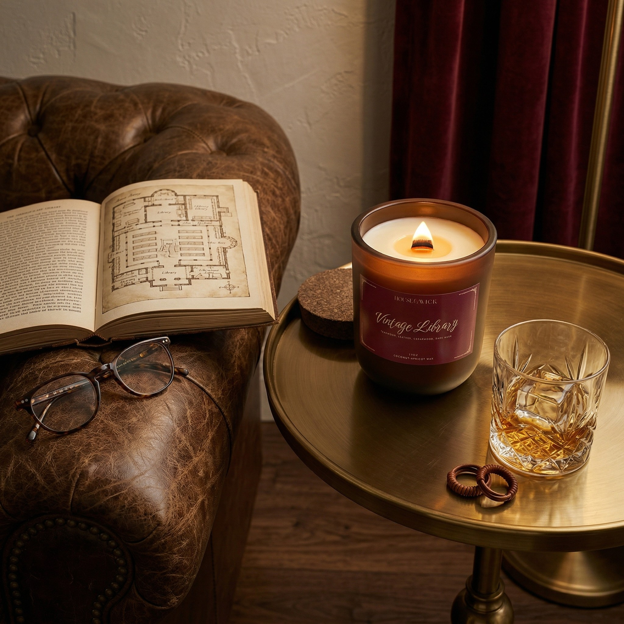 Burning House of Wick Vintage Library 12 oz candle on a brass side table beside a glass of whiskey, next to a brown tufted leather armchair holding an open vintage book and reading glasses.