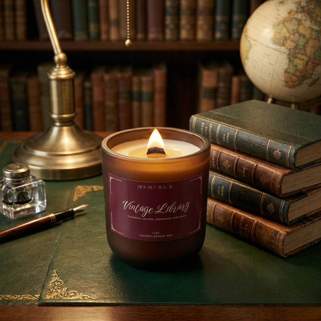 Lit House of Wick Vintage Library 12 oz candle glowing warmly on a green leather desk pad, surrounded by a vintage brass lamp, a classic globe, and stacked library books.