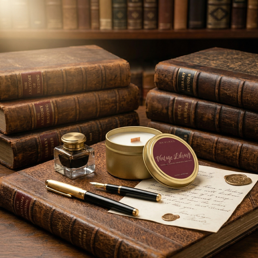 House of Wick Vintage Library 6 oz coconut-apricot wax candle in a gold tin, resting on a vintage leather-bound book next to a glass inkwell and fountain pens.