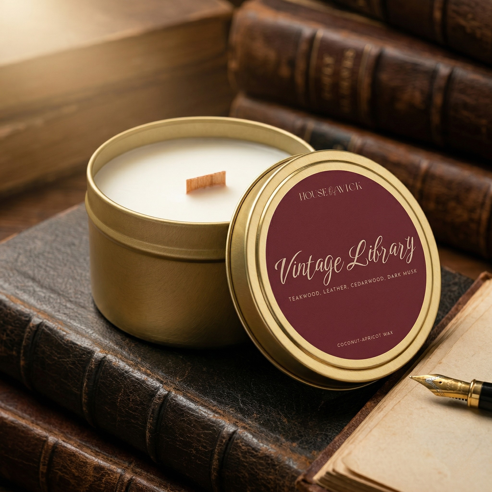 Open House of Wick Vintage Library 6 oz gold candle tin displaying a wooden wick, leaning against its burgundy label lid on top of classic aged books.