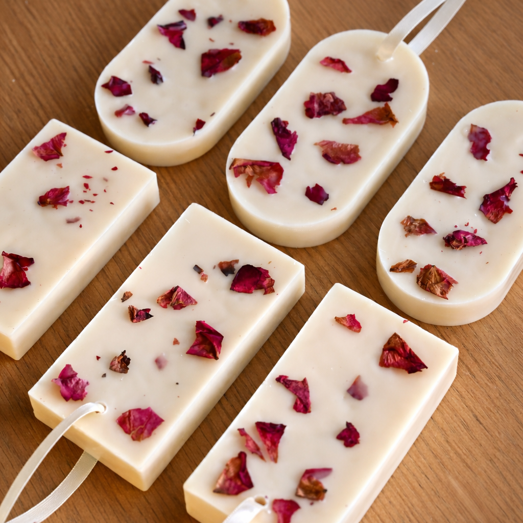 Handmade oval and rectangle wax sachet with dried rose petals on wooden table