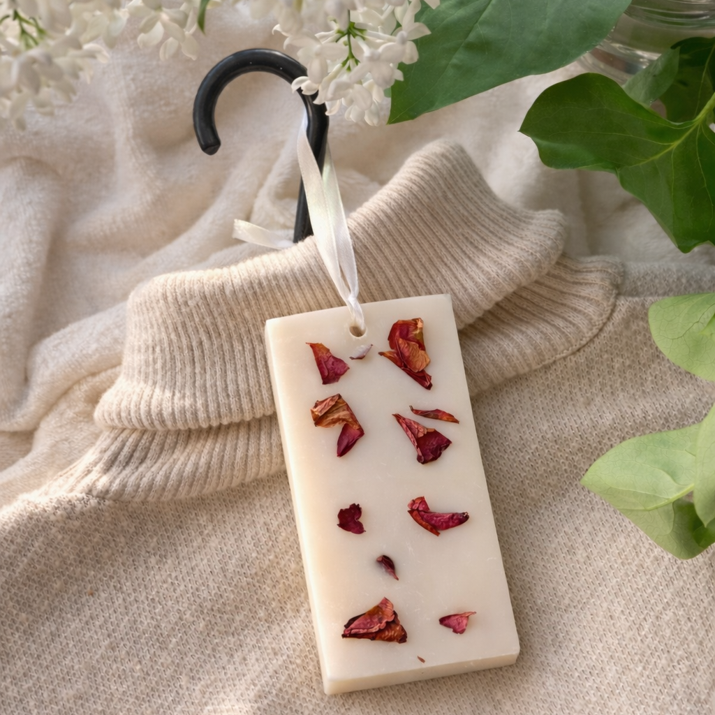 Natural floral wax sachet with dried rose petals hanging on knit sweater