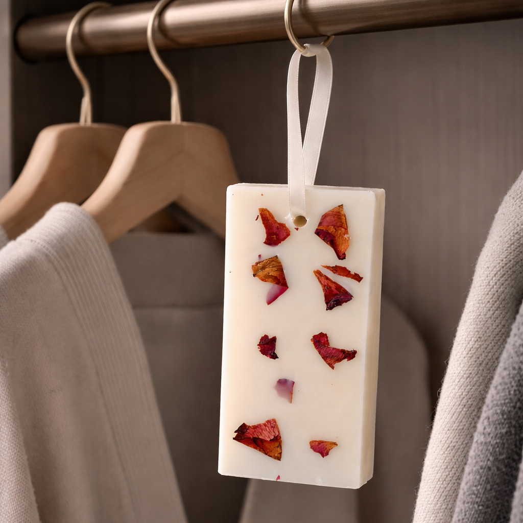 Natural floral wax sachet with dried rose petals hanging in modern wooden closet