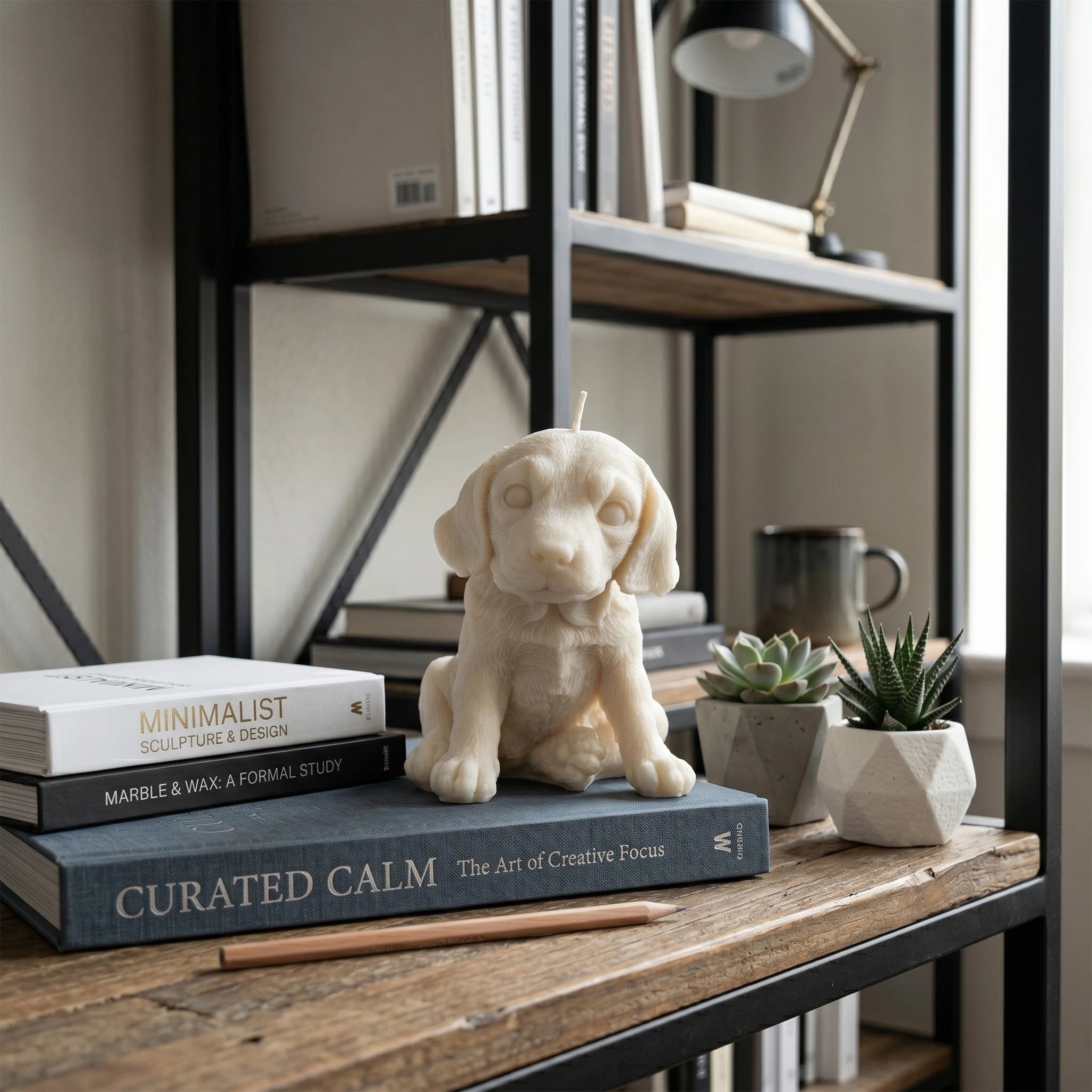 White beagle puppy candle lifestyle on bookshelf with candles