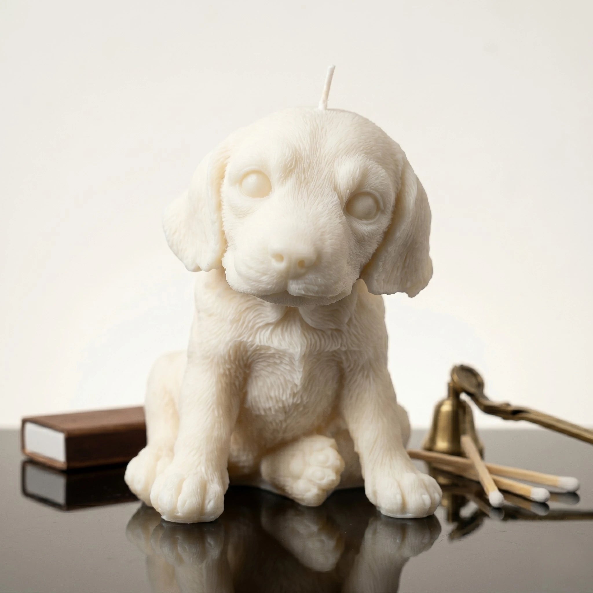 White beagle puppy candle handmade beeswax sculptural product shot