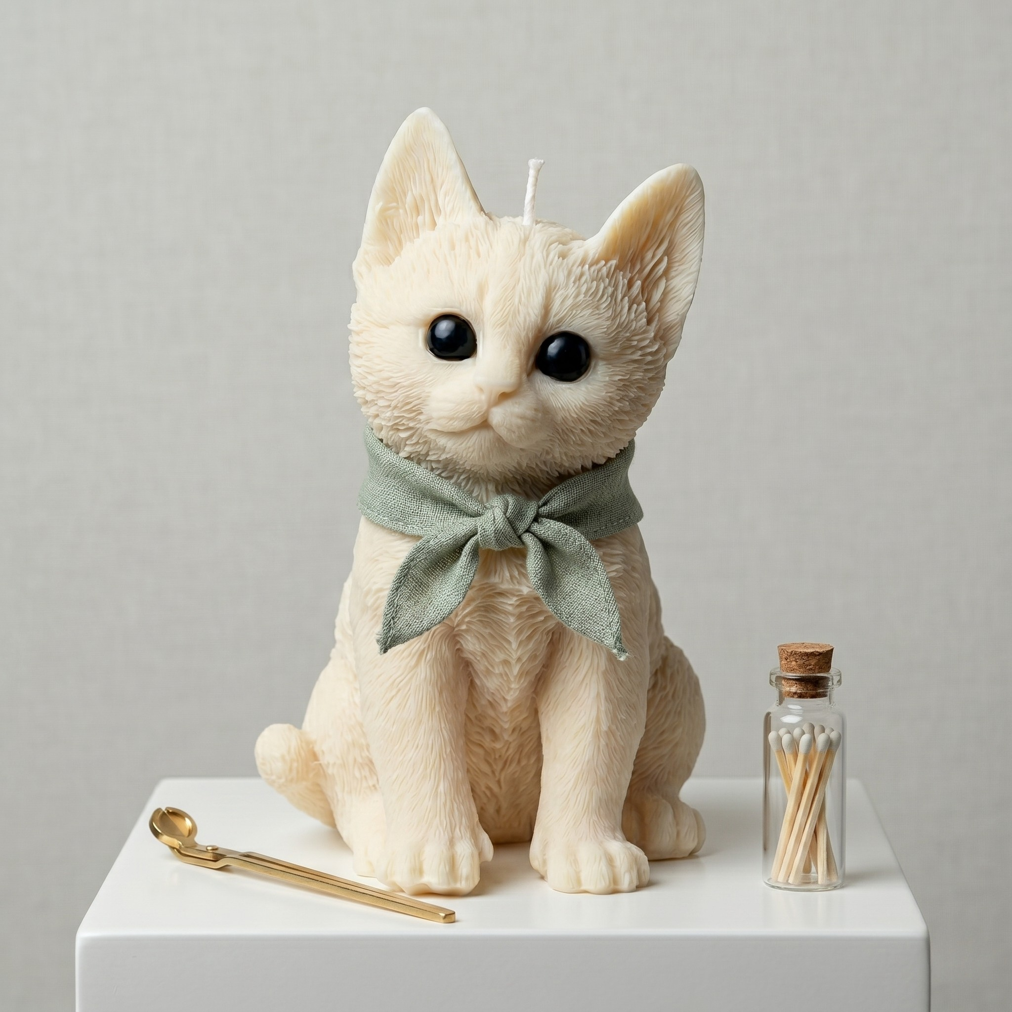 White Chloe the Cat candle wearing a pale green linen bow, displayed next to a glass bottle of decorative matches.
