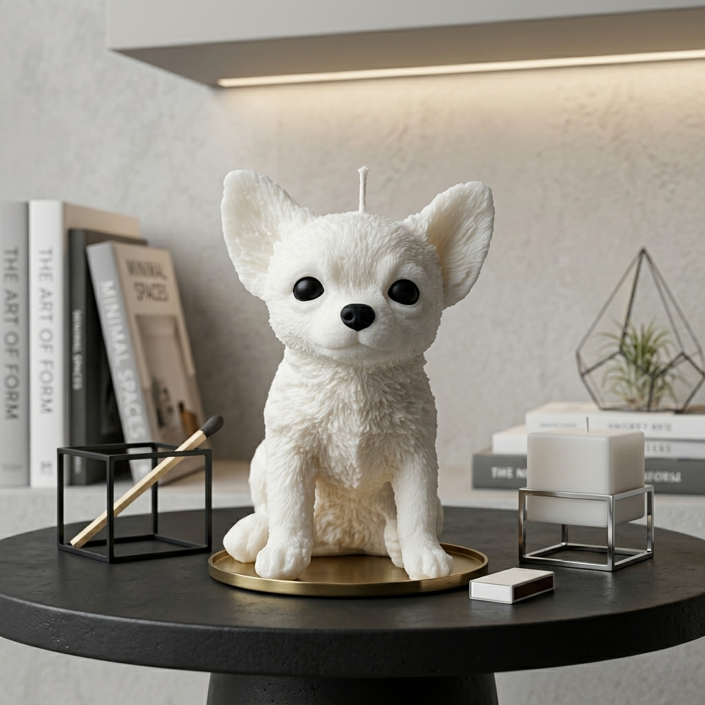 Off-white Chihuahua dog-shaped candle on a gold tray centerpiece with modern geometric decor and books.