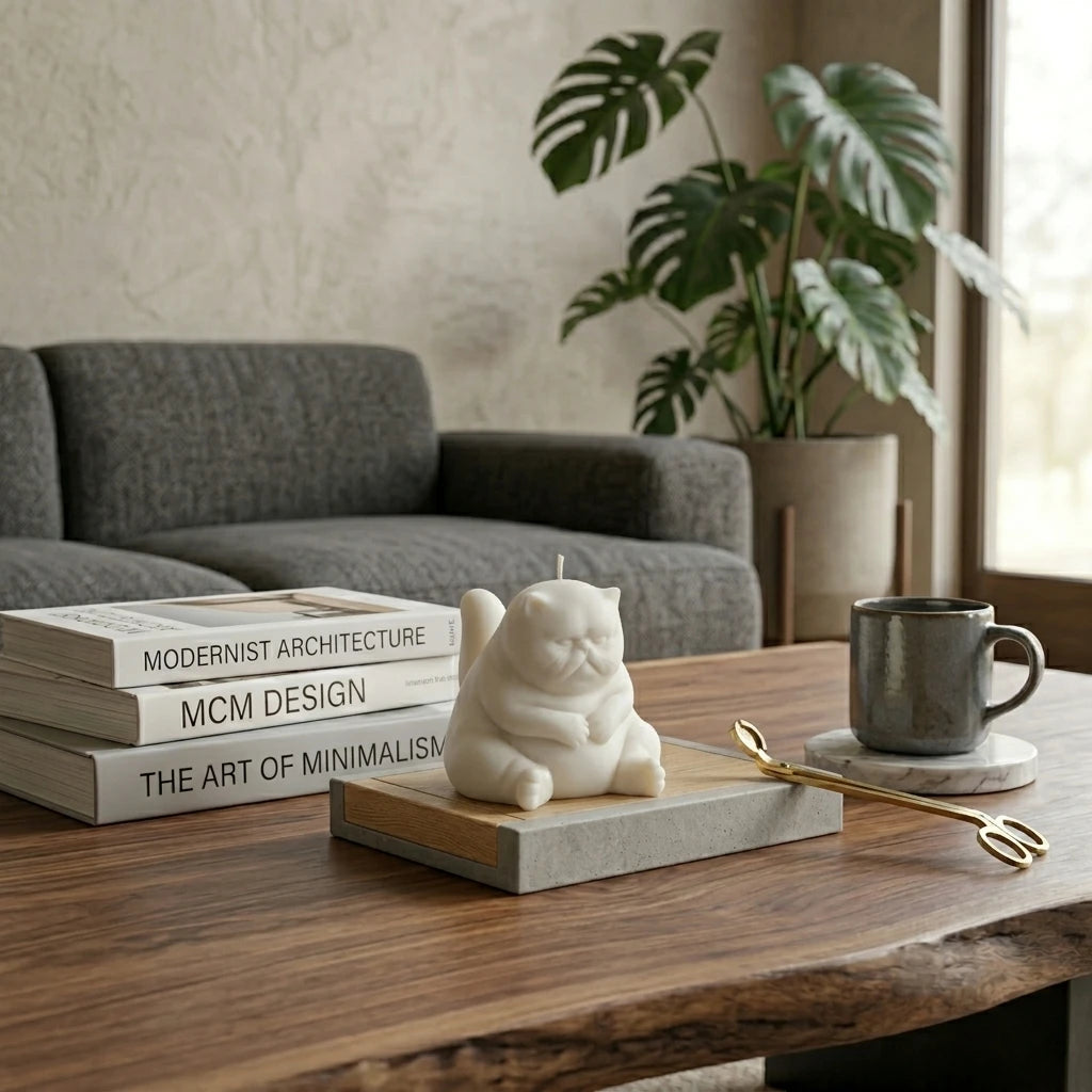 White chubby cat candle styled on modern coffee table with design books and mug