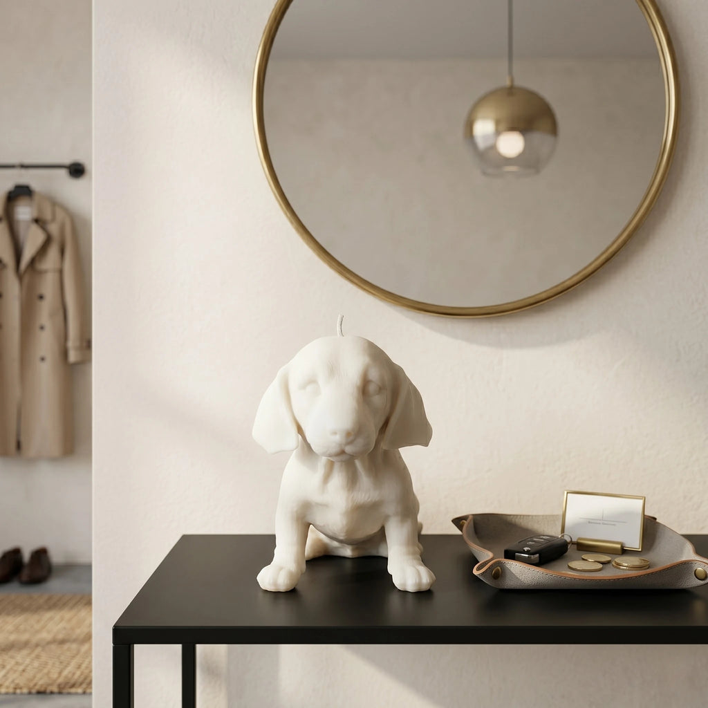 White dachshund puppy candle lifestyle on entryway table with mirror