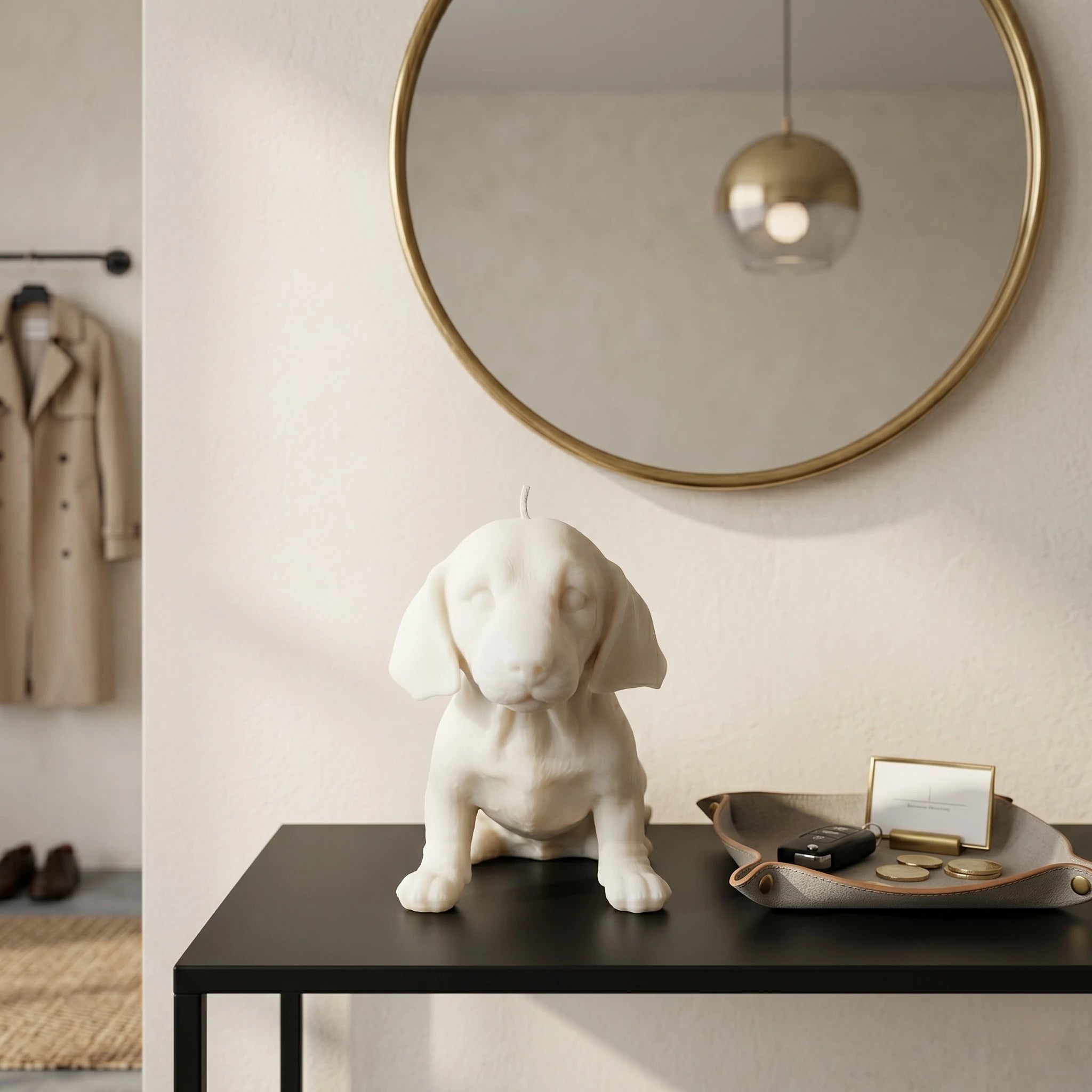 White dachshund puppy candle lifestyle on entryway table with mirror