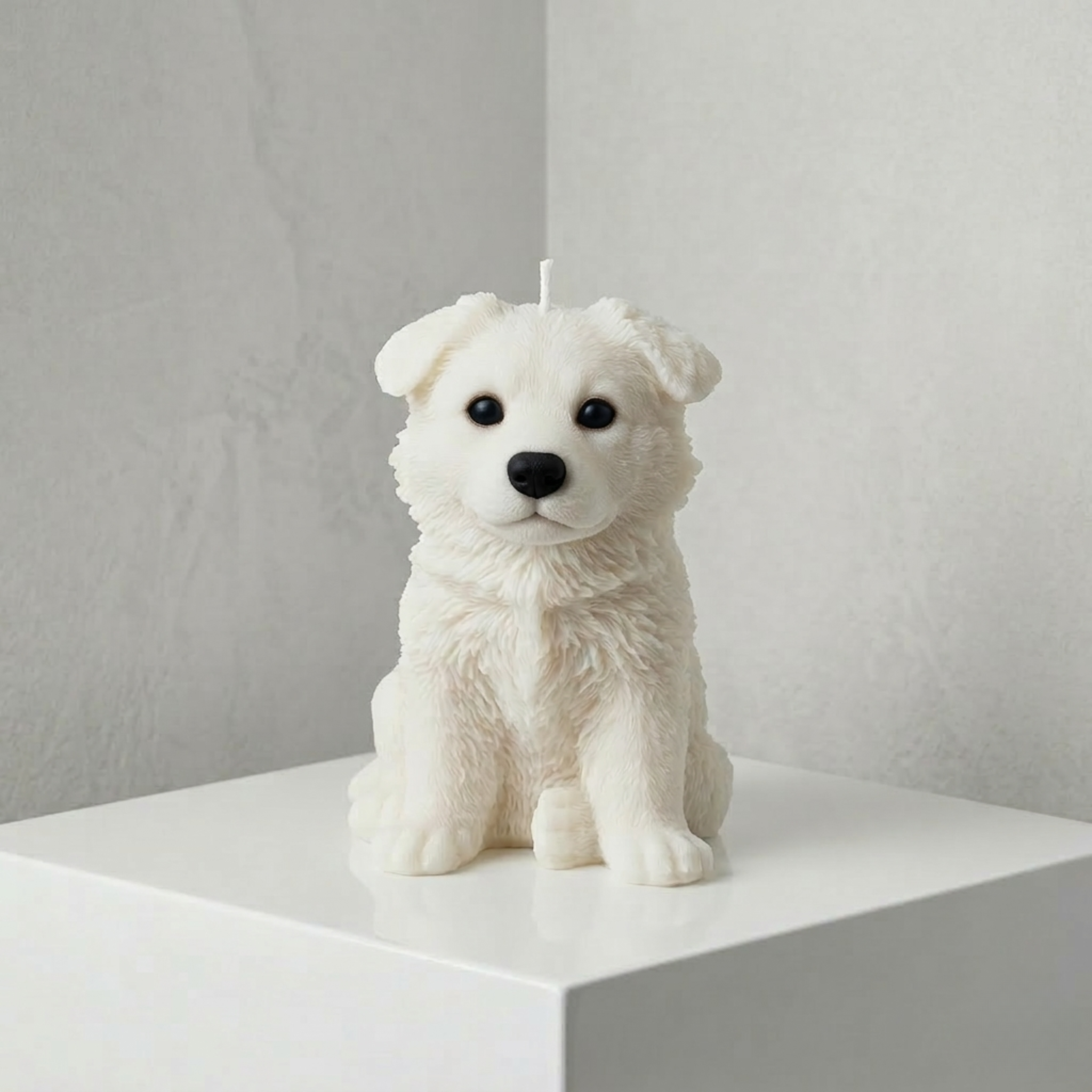 White German Shepherd puppy candle on pedestal in minimalist neutral home decor setting