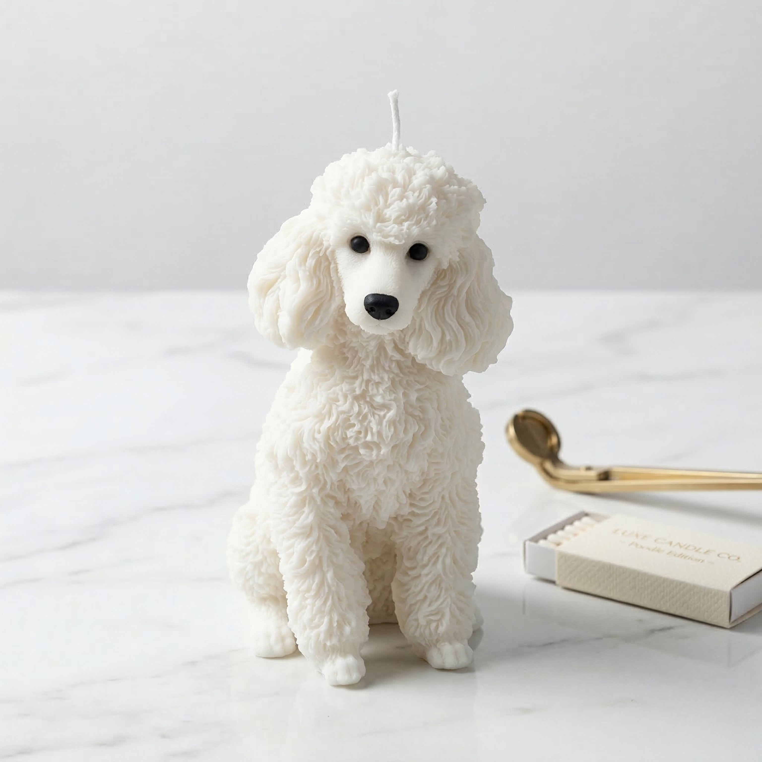 White poodle candle on marble surface with gold wick trimmer in minimalist home decor setting
