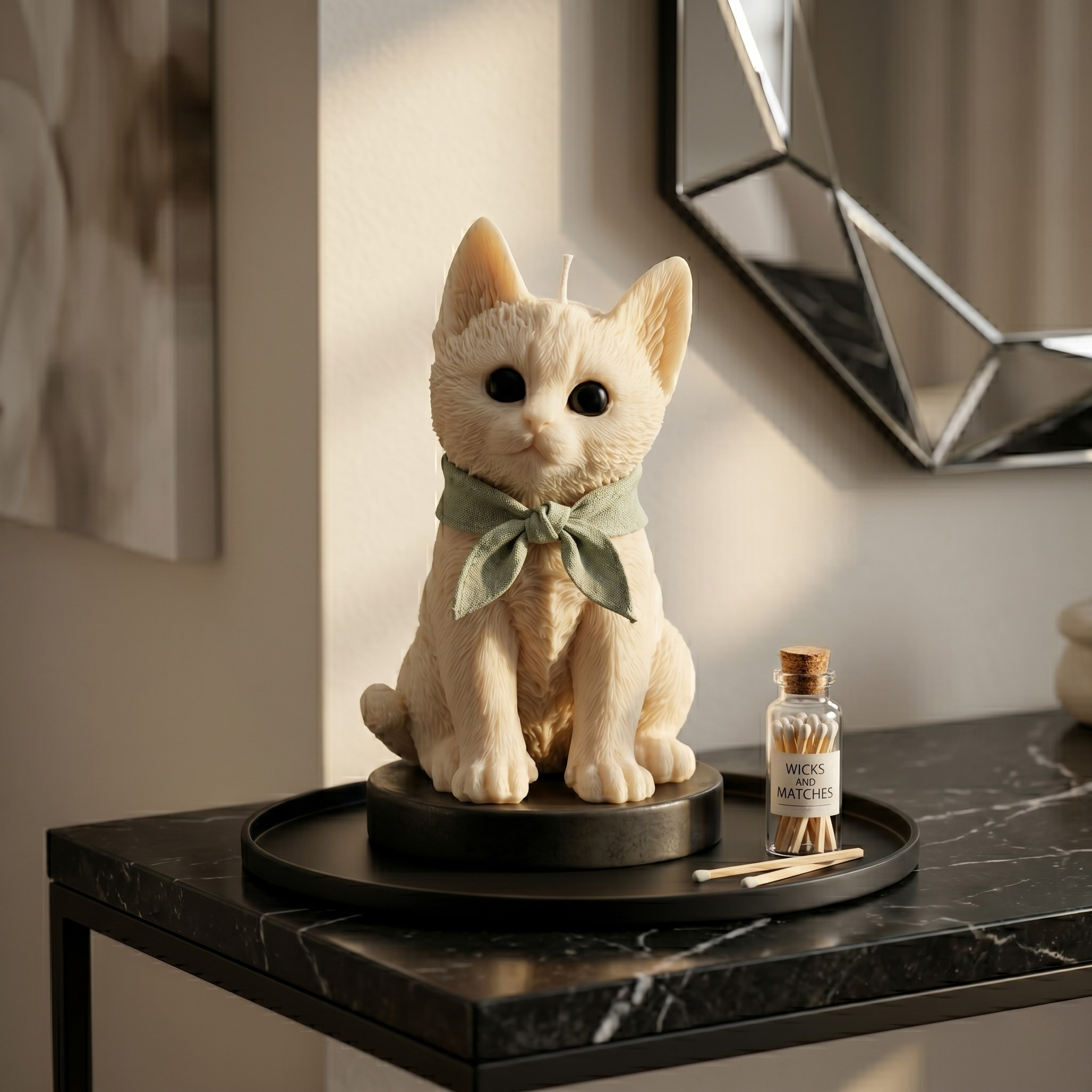 Elegant white cat candle resting on a black tray with matches, styled in a modern room with a geometric mirror.