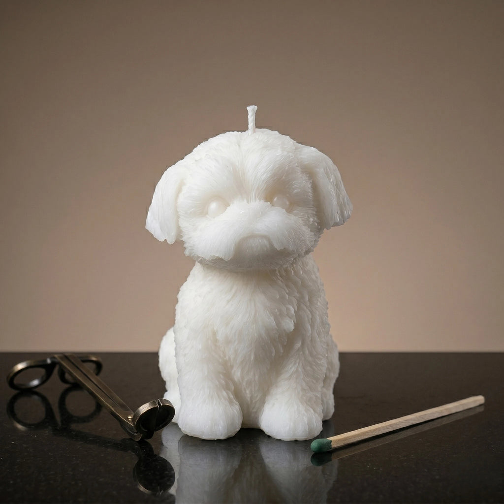 White Shih Tzu puppy candle handmade beeswax sculptural product shot