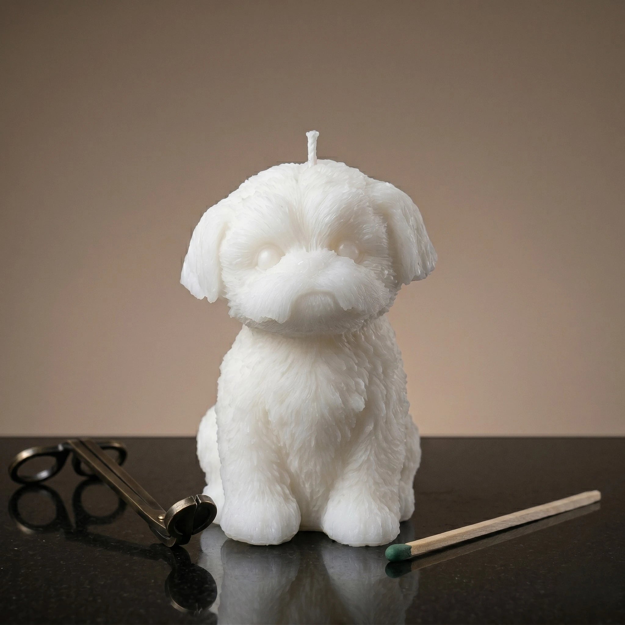 White Shih Tzu puppy candle handmade beeswax sculptural product shot