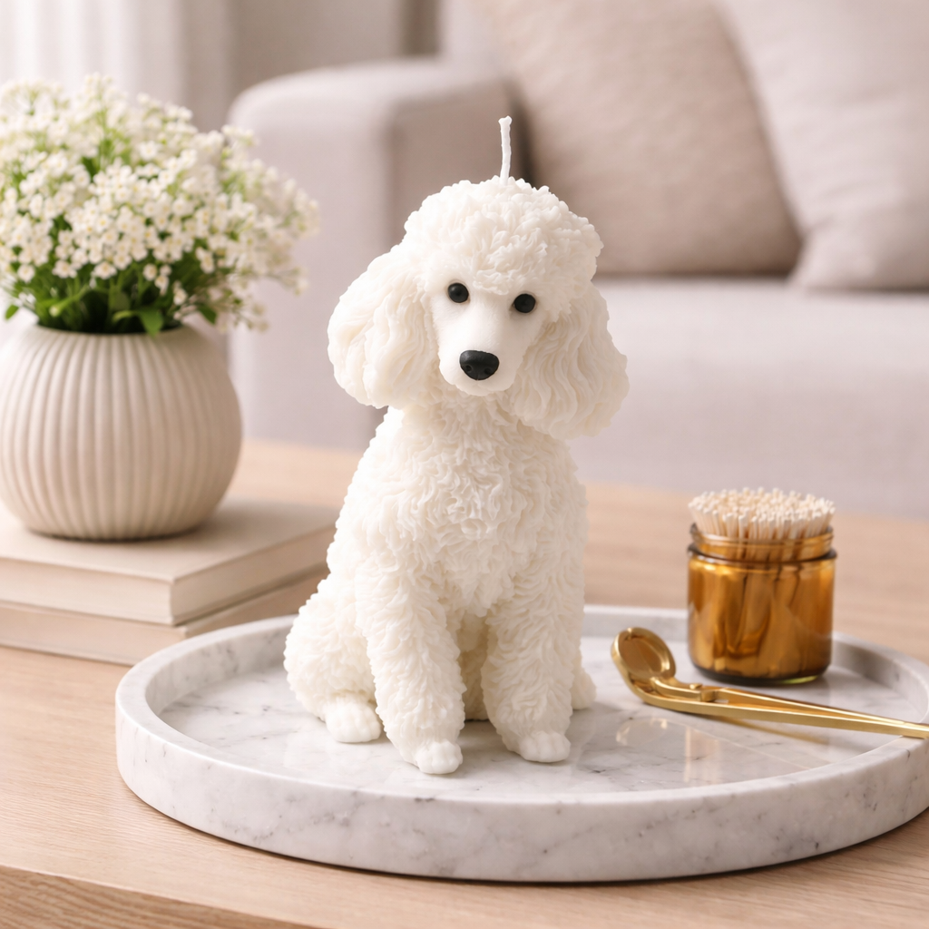 White poodle candle on marble tray styled on coffee table in modern living room decor
