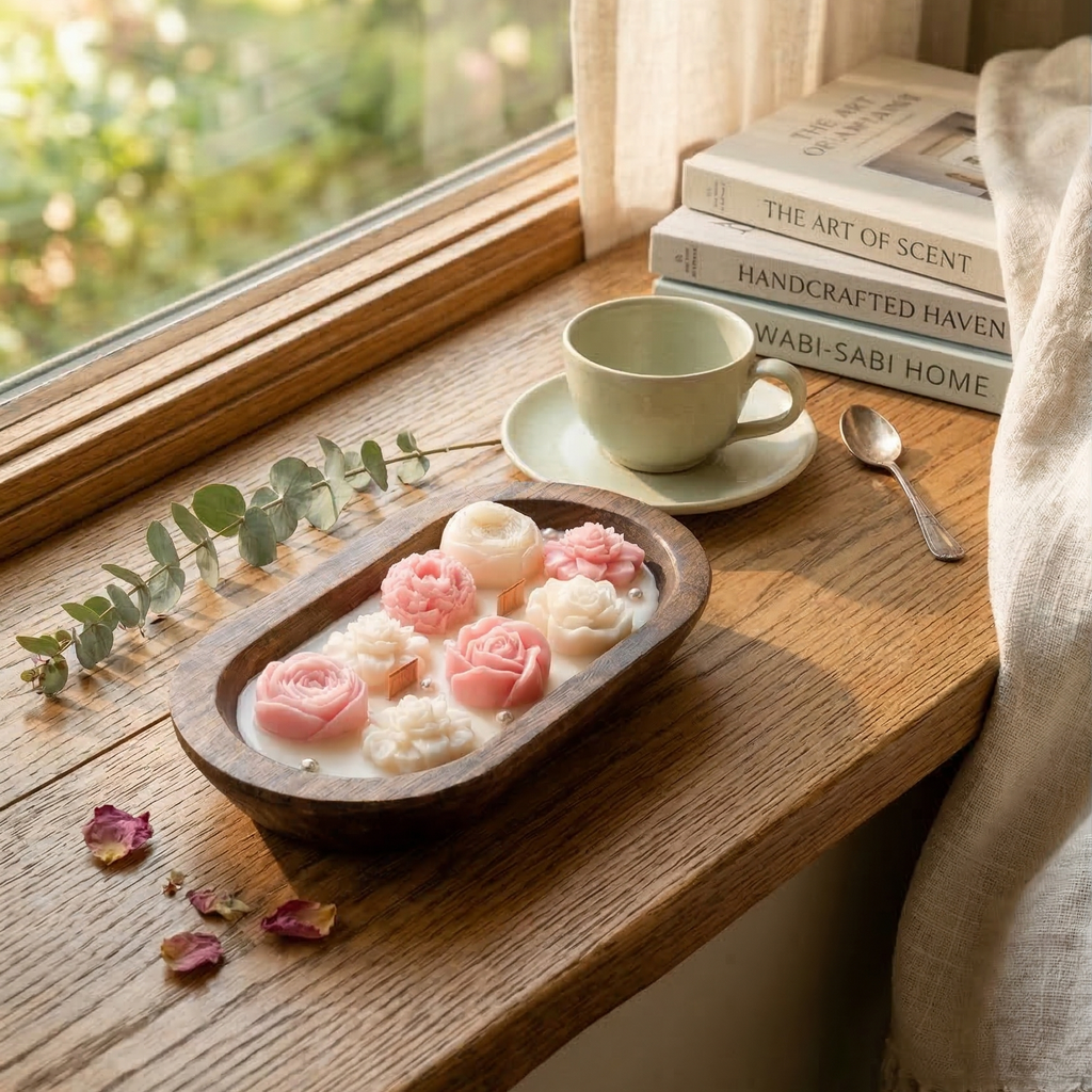 Wooden bowl floral candle placed on a cozy window ledge with books and tea for relaxing home decor.
