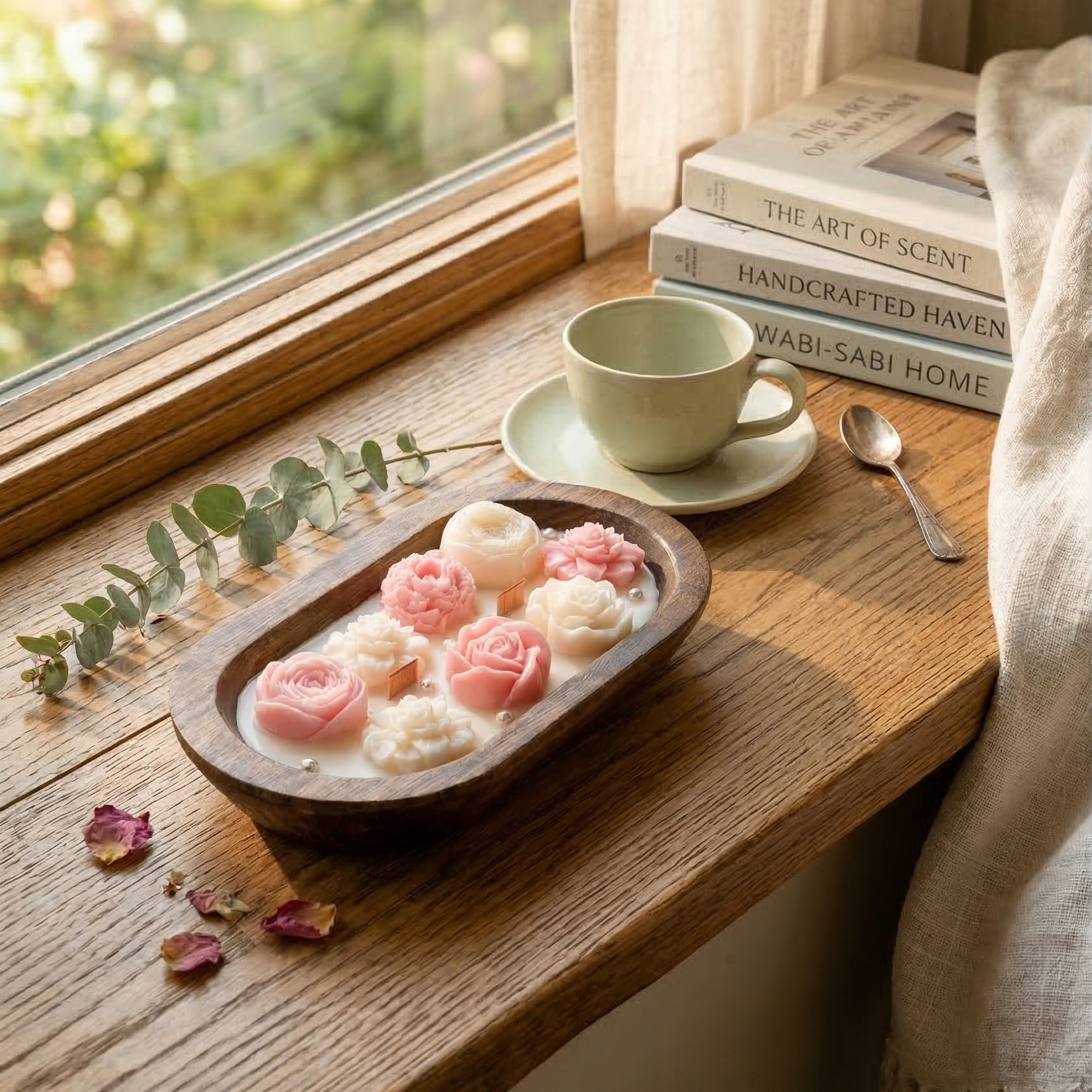 Wooden bowl floral candle placed on a cozy window ledge with books and tea for relaxing home decor.
