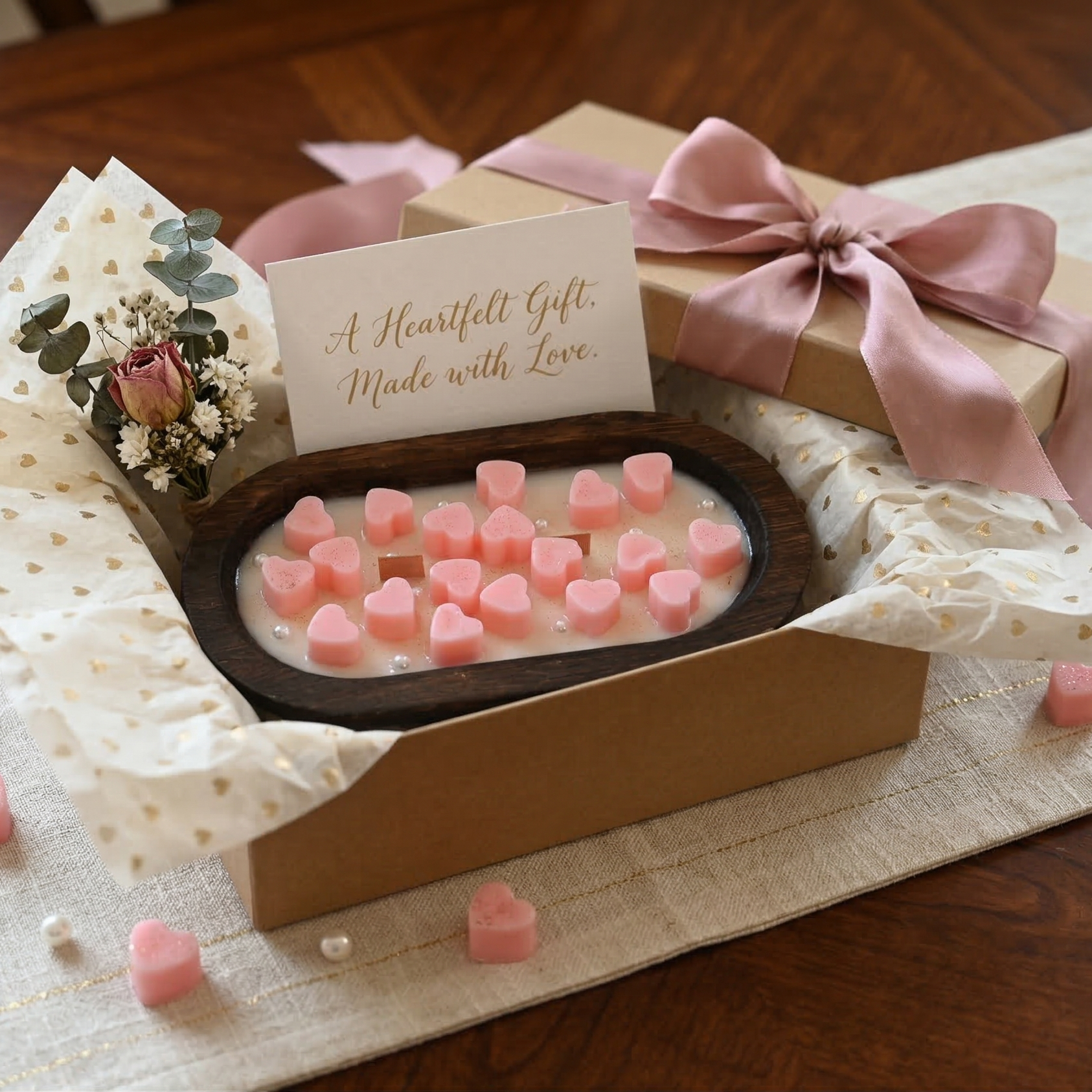 Wooden bowl soy candle gift set with pink wax hearts and elegant gift wrapping.
