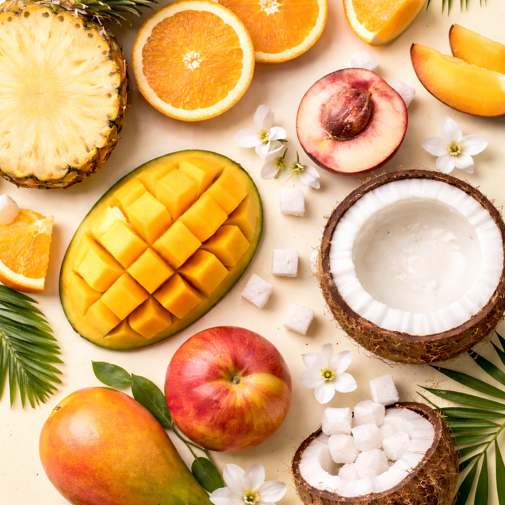 Island Escape candle fragrance notes featuring pineapple, mango, peach, coconut milk and sugar cubes