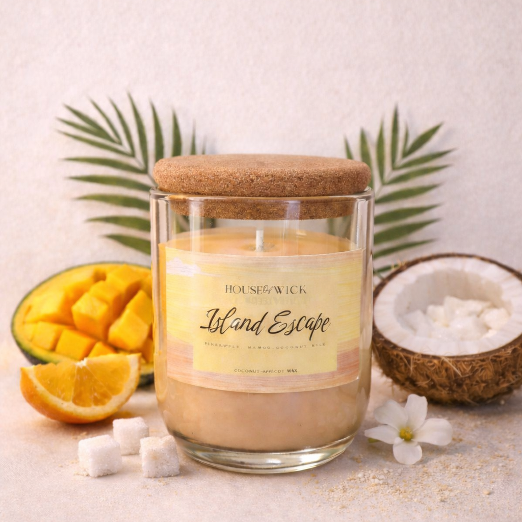 Island Escape tropical fruity candle with mango, pineapple and coconut milk notes styled with palm leaves and fresh fruit