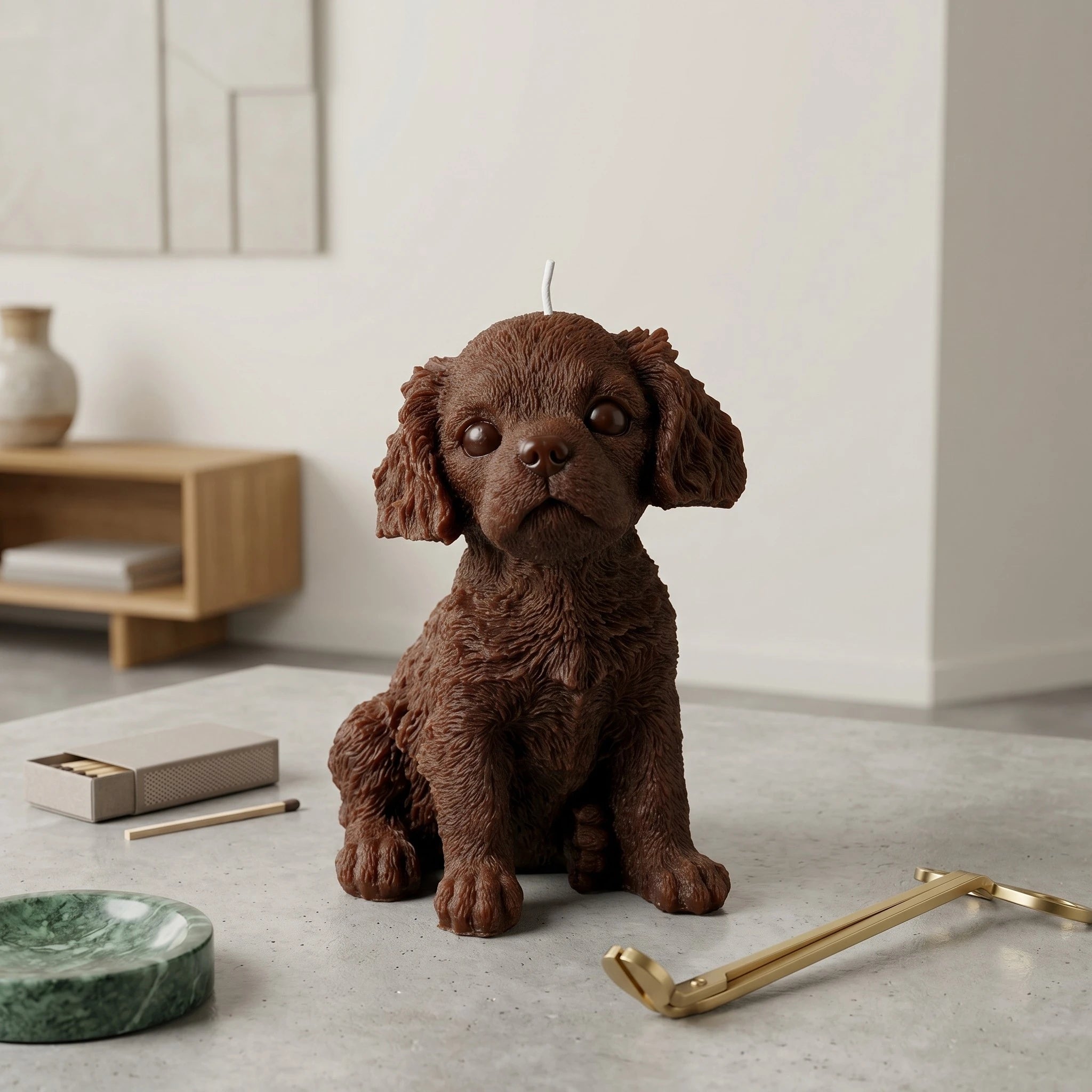 Brown Cavalier King Charles Spaniel puppy candle by House of Wick — front view product shot.