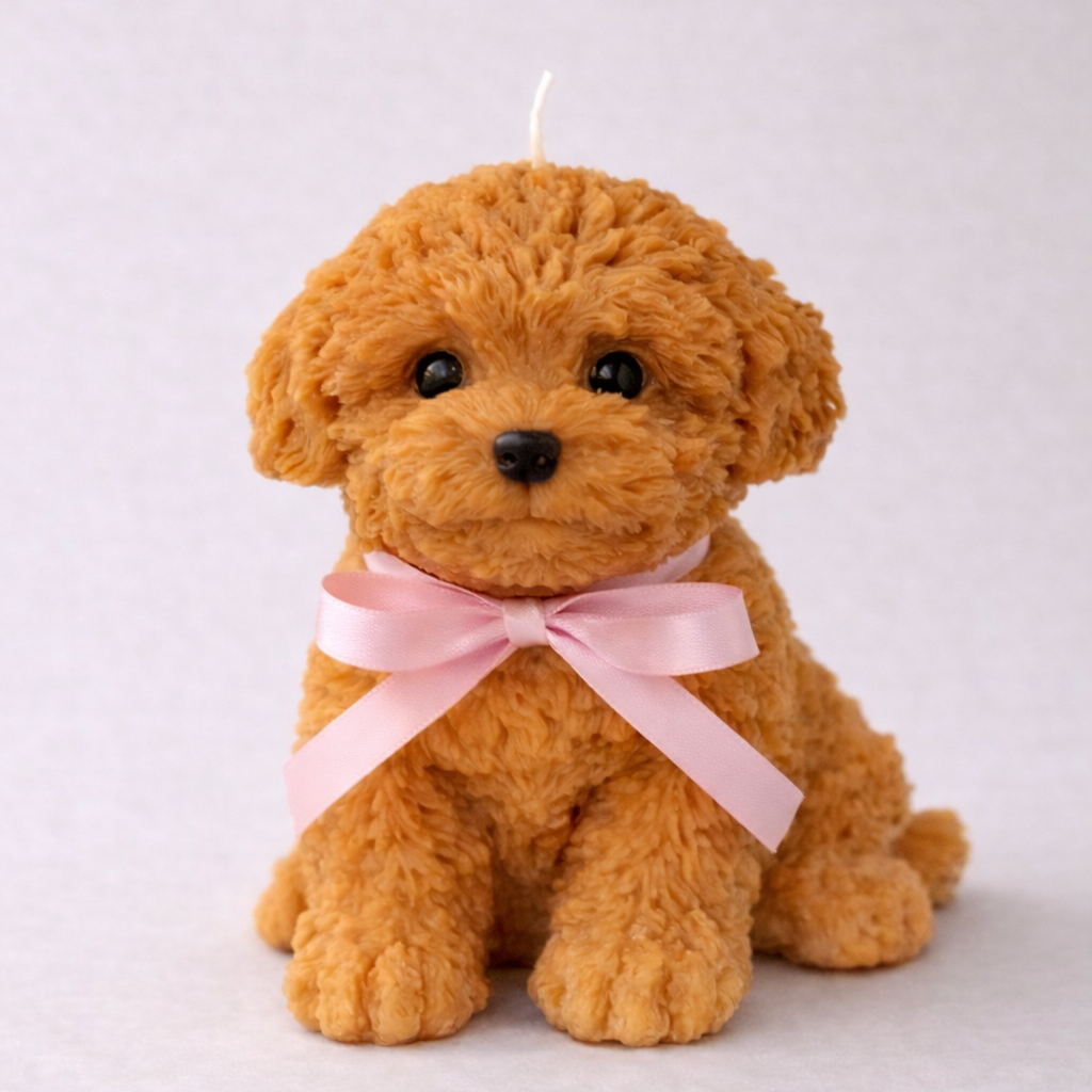 Light brown puppy shaped candle with soft pink bow on neutral background, sculpted dog decor candle for nursery or gift.