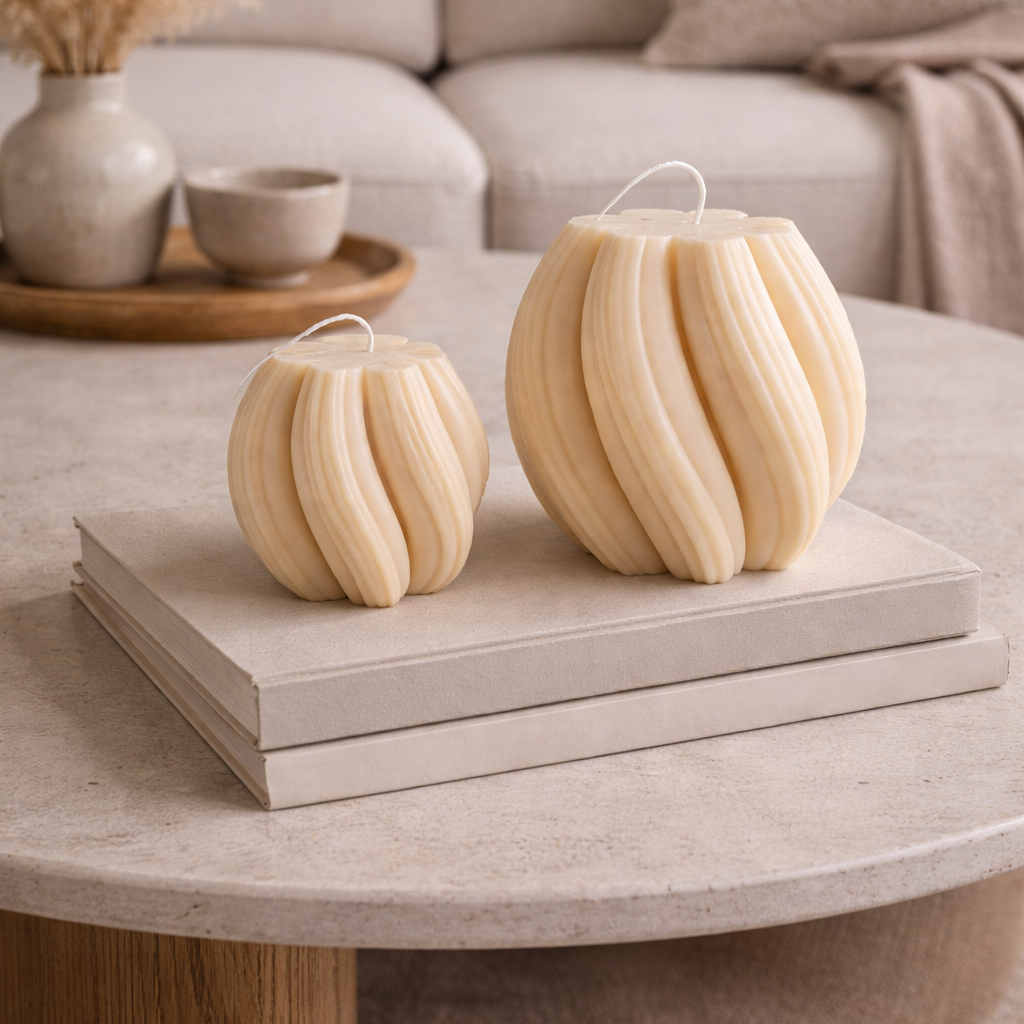 Modern swirl candle pair styled on stacked books on coffee table creating soft minimalist decor aesthetic.
