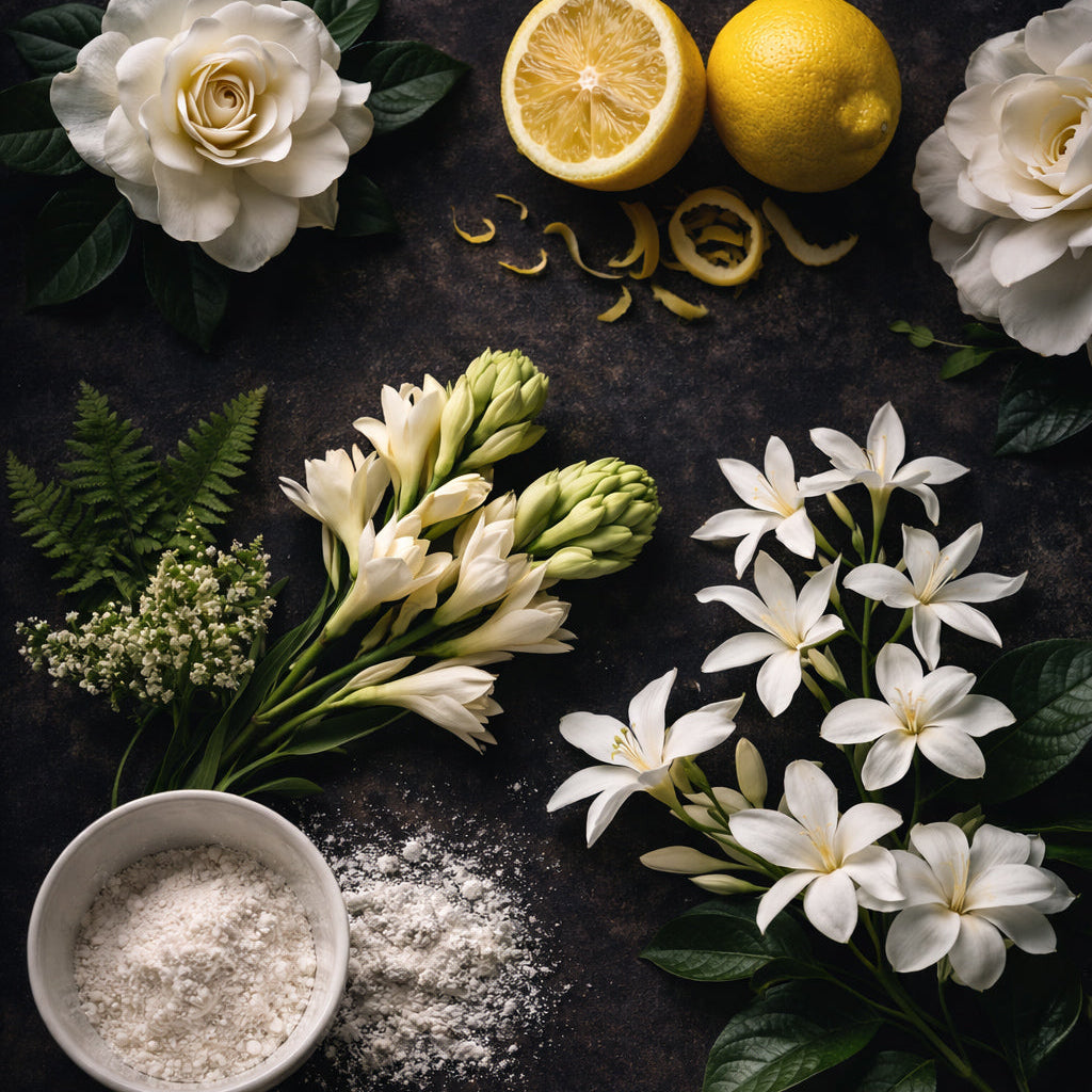 Moon Bloom fragrance notes featuring gardenia, jasmine, tuberose and soft powder styled in an elegant floral flat lay