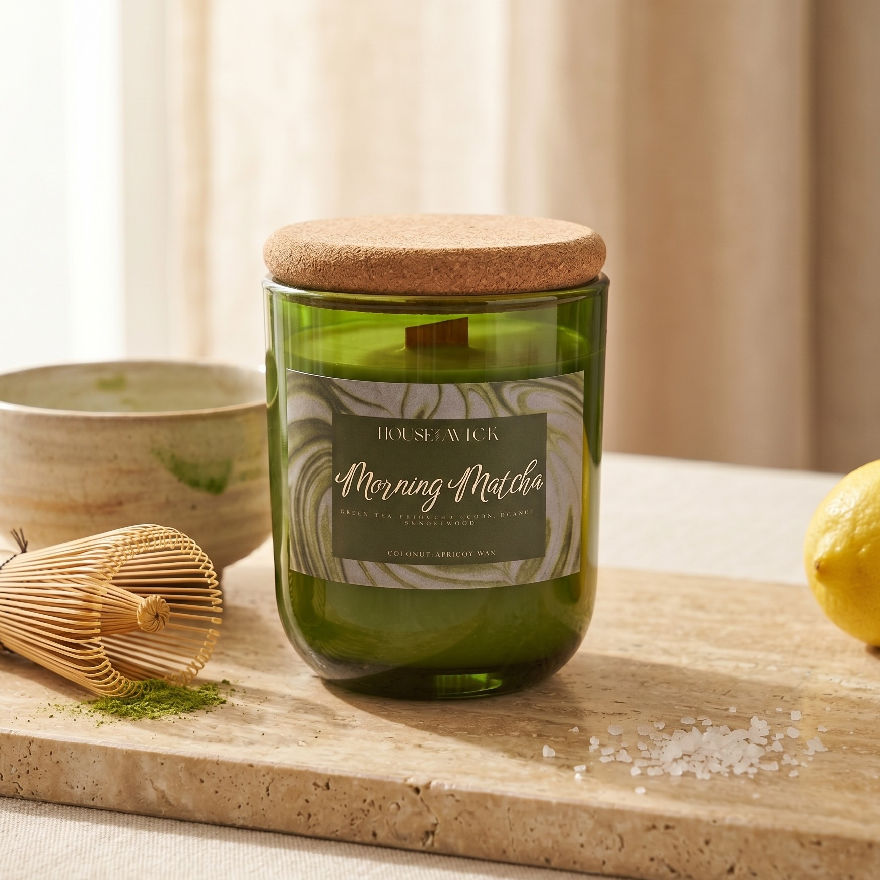 A photo of a House of Wick "Morning Matcha" scented candle in a green glass jar with a cork lid, resting on a beige stone slab. The scene includes a traditional Japanese bamboo matcha whisk and a ceramic matcha bowl in the background. Spilled coarse sea salt and a fresh yellow lemon are visible next to the candle with soft, natural light, creating a calm and inviting atmosphere.