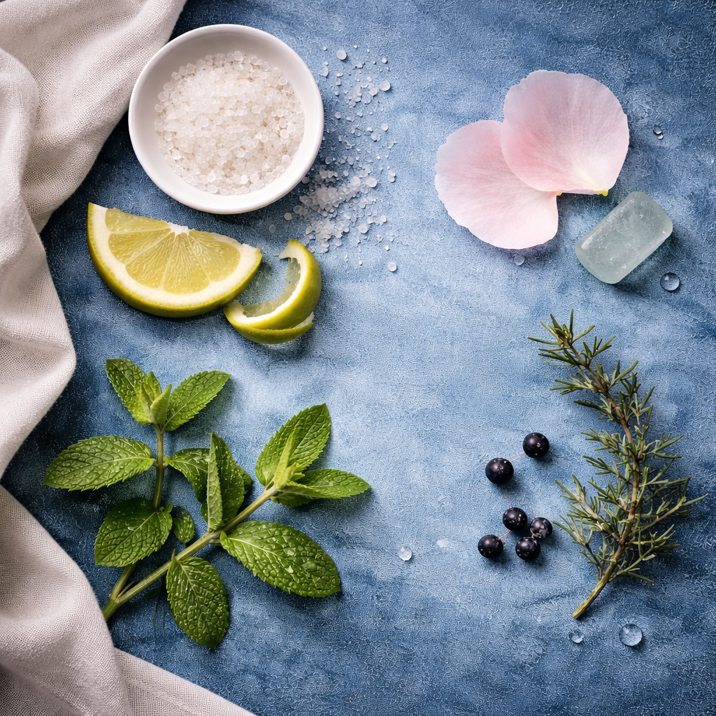 Fragrance ingredients for Ocean Mint candle featuring fresh mint, citrus bergamot, sea salt crystals and peony petals.