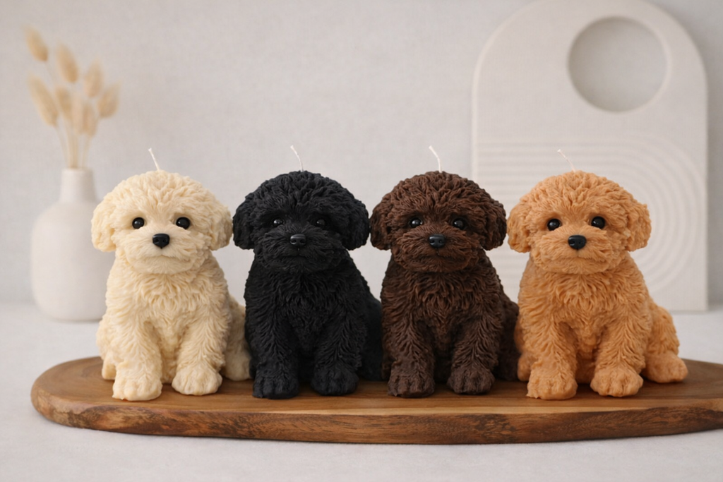 Set of puppy shaped candles in cream, black, chocolate brown, and tan colors displayed together on wooden tray for home decor.