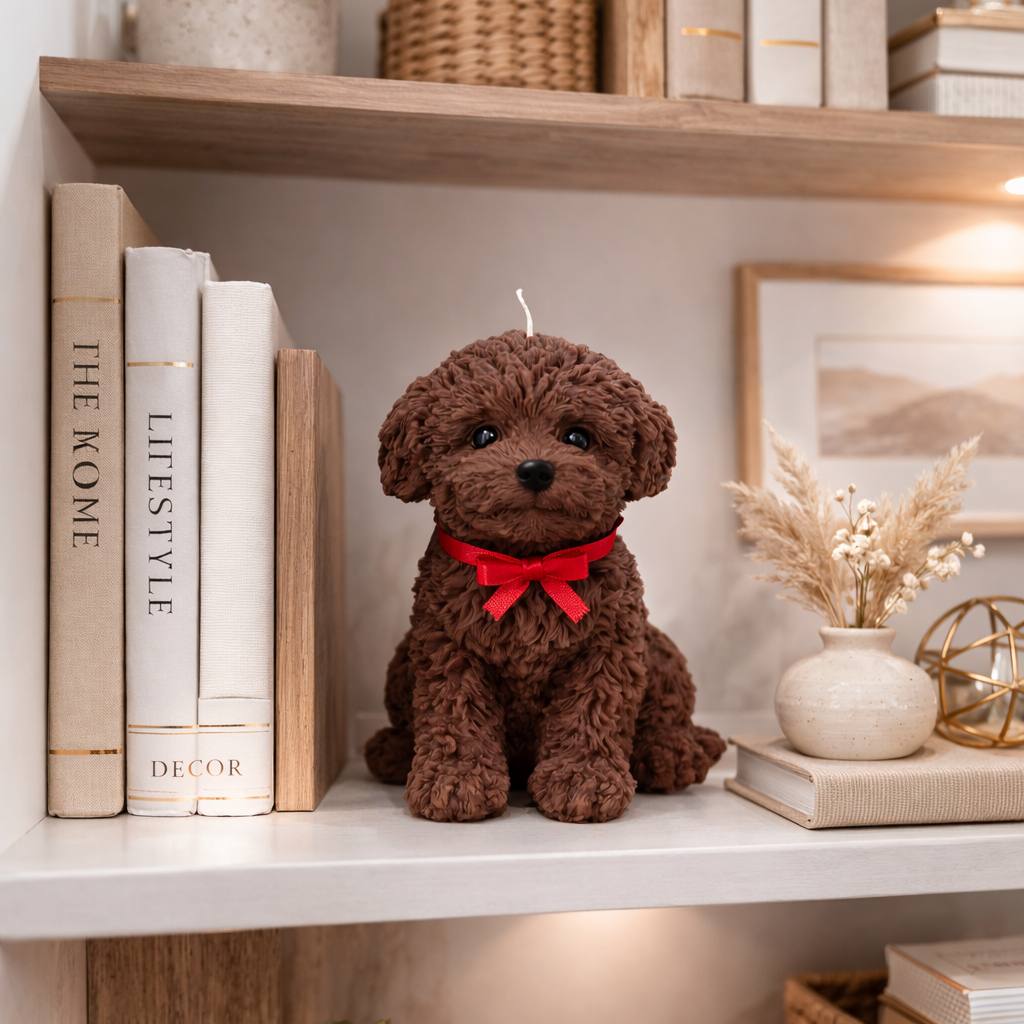 Chocolate brown puppy candle styled on modern home library shelf with books and neutral decor accents.