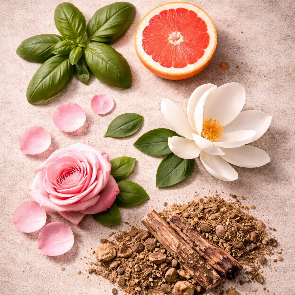 Rose Bohème fragrance notes including rose, magnolia, grapefruit, basil and patchouli for luxury floral candle.