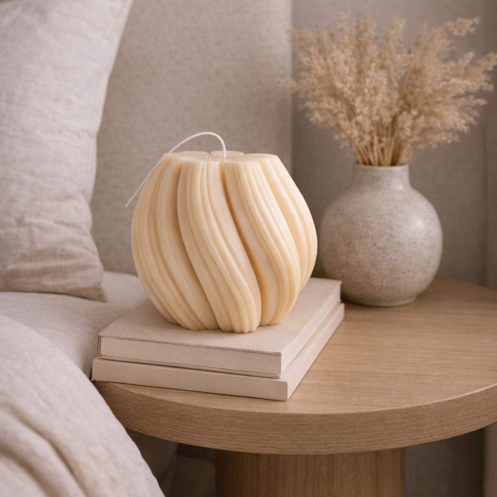 Handmade swirl candle placed on bedside table with neutral decor elements creating calm sculptural accent styling.
