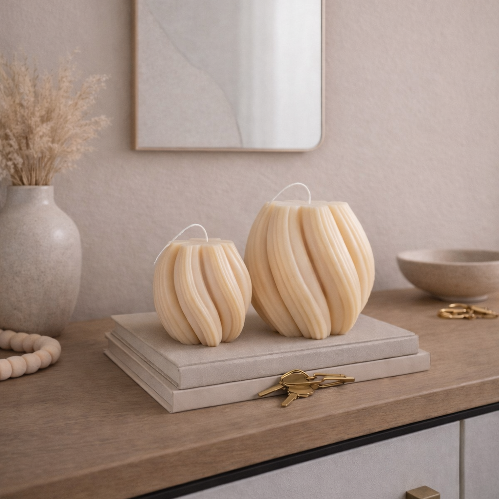 Set of swirl candles styled on console table with neutral decor accents, sculptural handmade candles for modern interiors.

