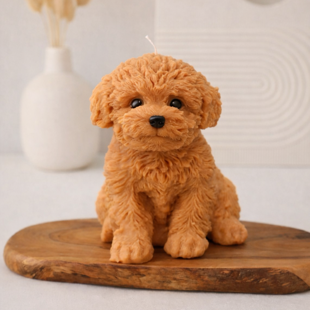 Tan puppy shaped candle on wooden base with neutral background, handmade decorative dog candle for home decor.
