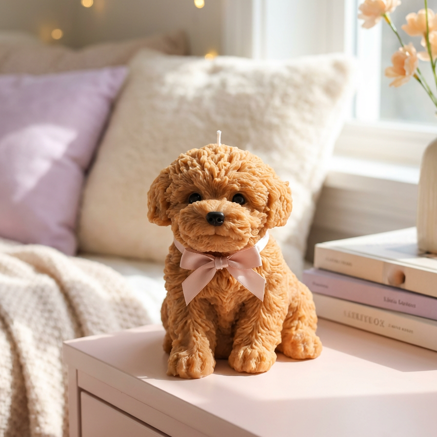 Tan puppy candle with soft pink bow styled on modern side table with cozy pillows and decor accents.