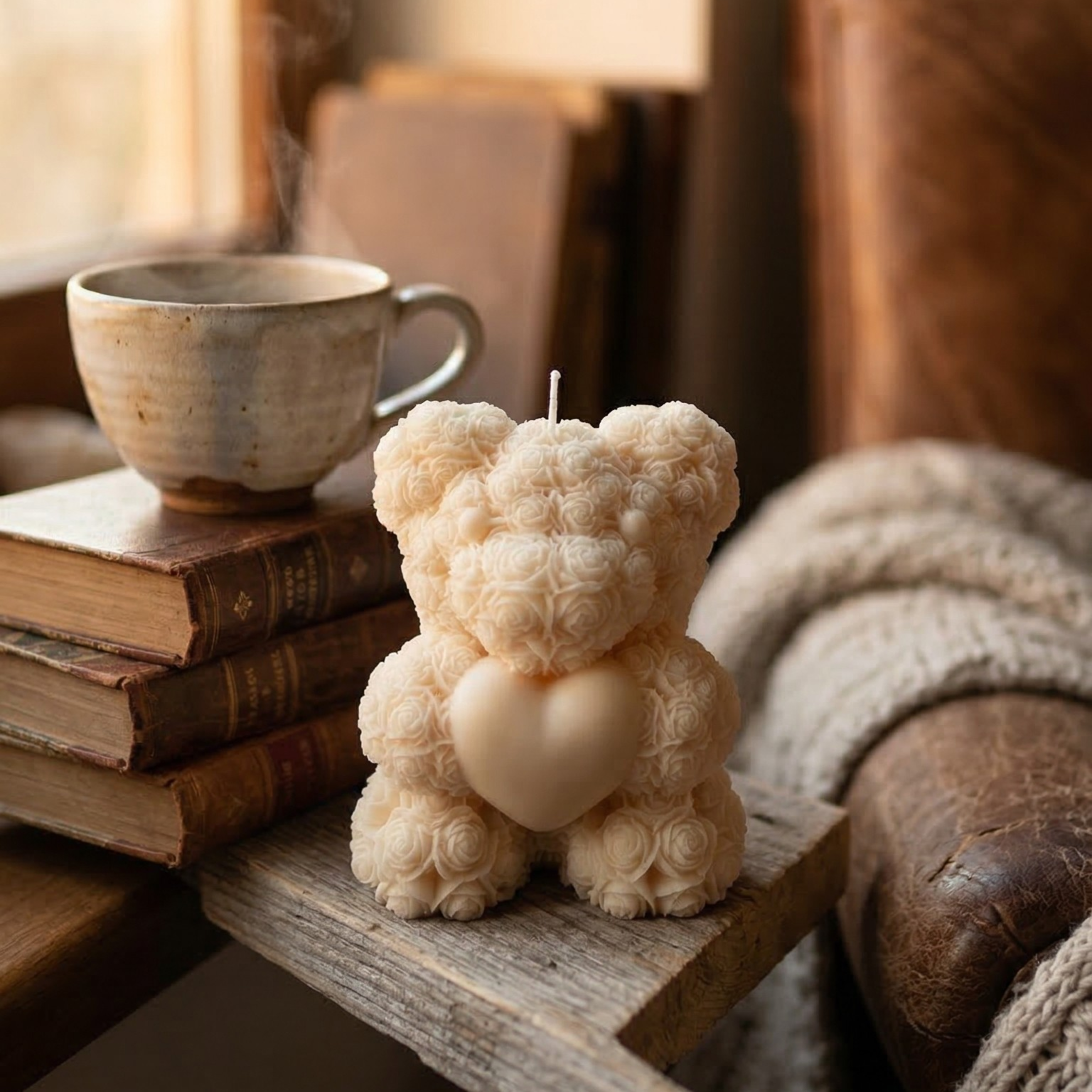 Teddy bear candle with heart styled on a wooden side table next to books and a coffee cup in a cozy living room setting
