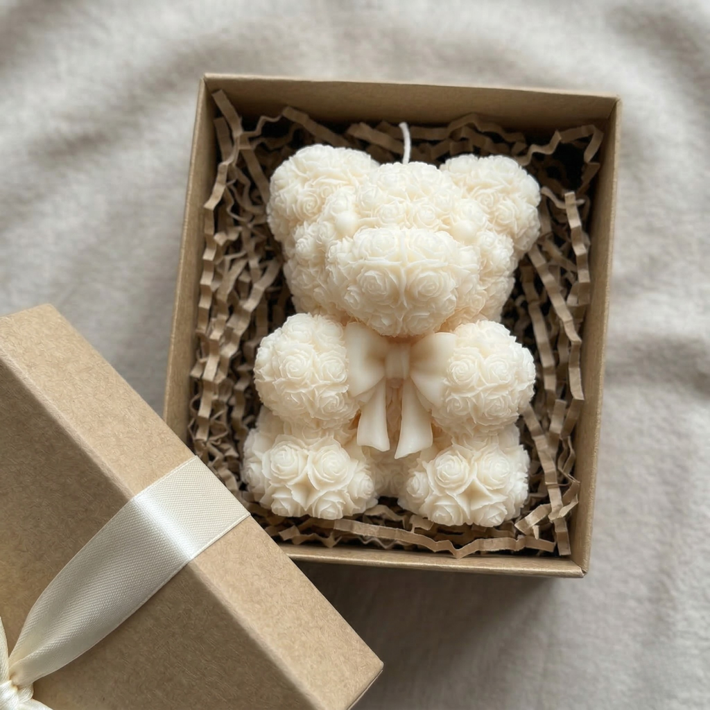 Handmade teddy bear candle in a gift box with ribbon, styled with crinkle paper for premium packaging presentation
