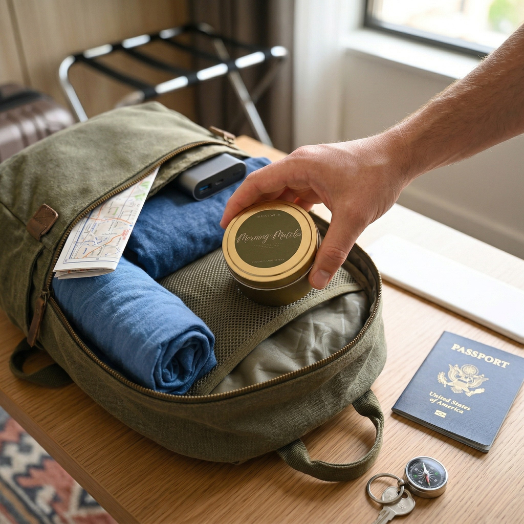Hand placing a Morning Matcha gold tin candle into a green travel backpack next to a passport.